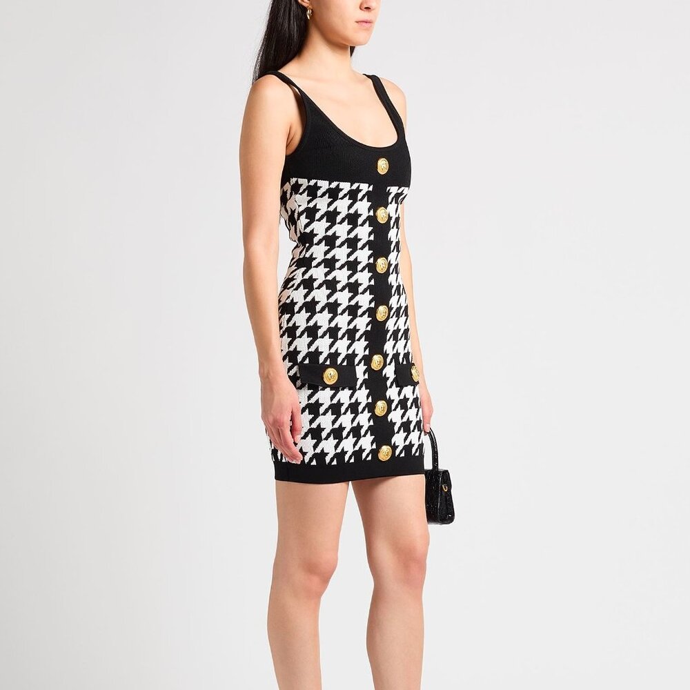 NEW WITH TAGS!!! BALMAIN Houndstooth jacquard-knit mini dress Size 40FR 8US